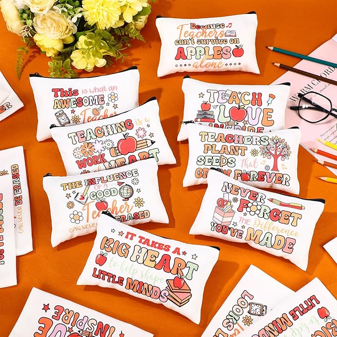 Yahenda 16 Pcs Graduation Canvas Makeup Bags Bulk for Women Appreciation Inspirational Gifts Cosmetic Zipper Pencil Pouch Travel Toiletry Bag for Teacher Birthday Mother's Day(Boho Teacher)