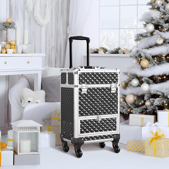 Yaheetech Rolling Makeup Train Case with a Drawer Nail Trolley Black/Silver