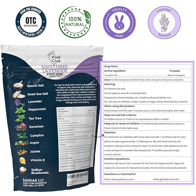FOOT CURE Soothing Lavender Foot Spa with Epsom Salt Bath Soak – Pedicure Foot Soak Tub & Feet Massager Spa – Relaxing Scrubber & Dead Skin Remover – Ionic Foot Bath Detox for Feet Care (Pack of 1)