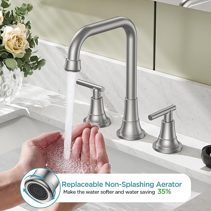 FORIOUS Brushed Nickel Bathroom Faucet 3 Hole with Dual Handles, 8 Inch Widespread Faucet for Bathroom Sink with Pop Up Drain Assembly and Water Suplly Hoses, RV Vantiy Farmhouse Ready