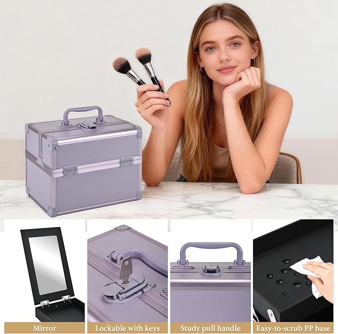 GALHUBIS Makeup Train Case, Portable Makeup Case with Mirror, 2-Trays Cosmetic Organizer Case,Nail Polish Organizer, Travel Makeup Box, Profesional for Salon Barber, Purple