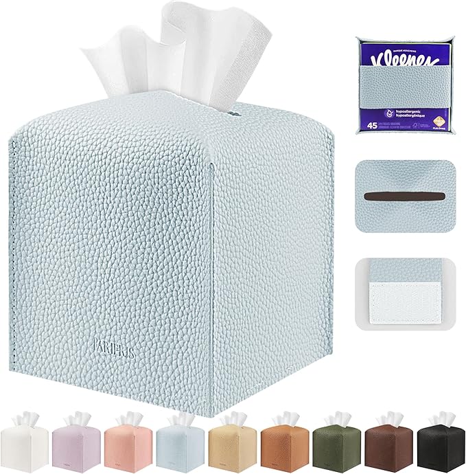 Tissue Box Cover Holder Square Tissue Cube Cover PU Leather Tissue Organizer with Bottom Belt for Bathroom, Tabletop, Car, Night Stands, Office, Home, Kitchen (1, Blue)
