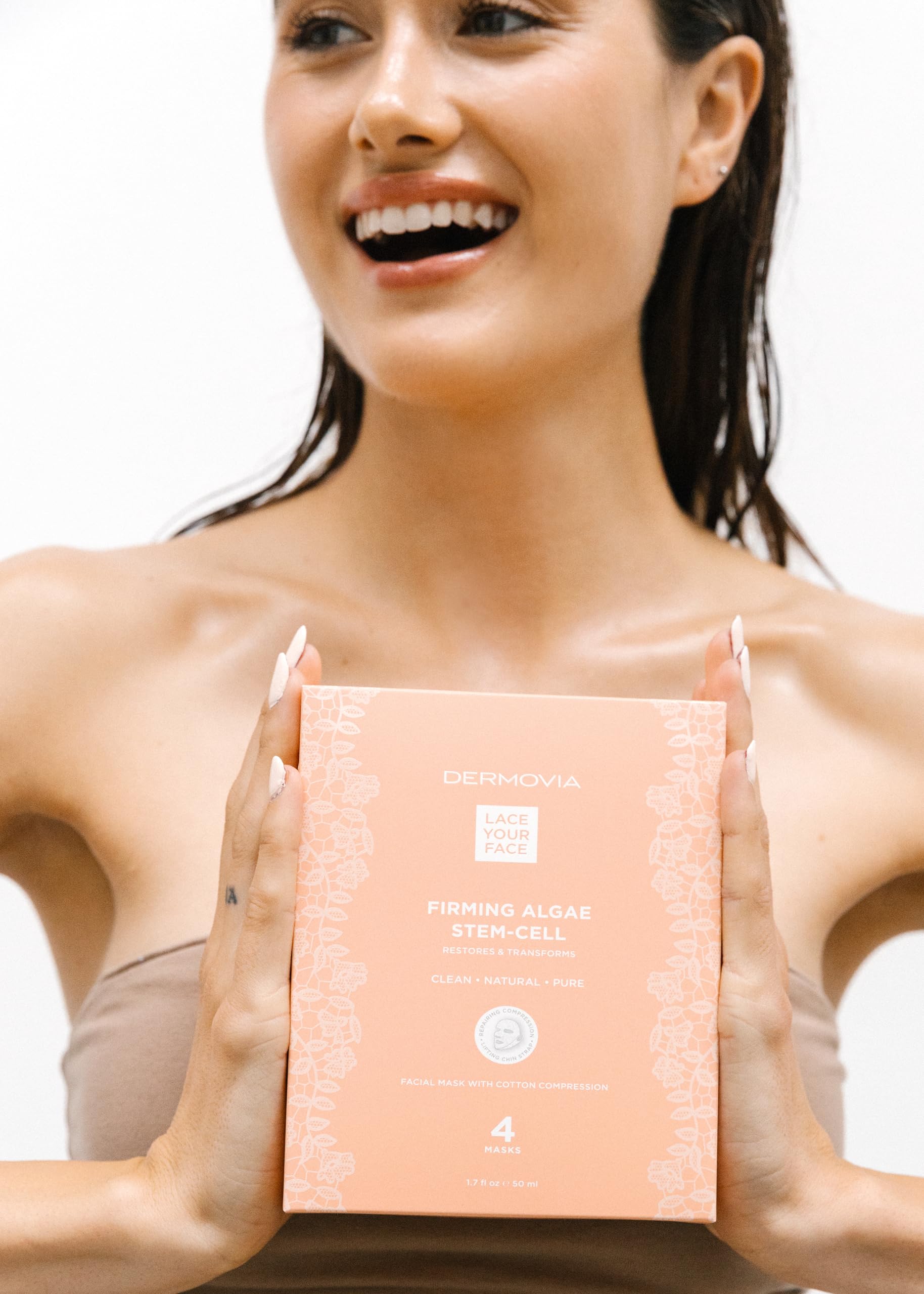 LACE YOUR FACE Patented Compression Facial Mask, Reusable Biodegradable Cotton Anti Aging Skin Care, Firming Algae Stem Cell, Single