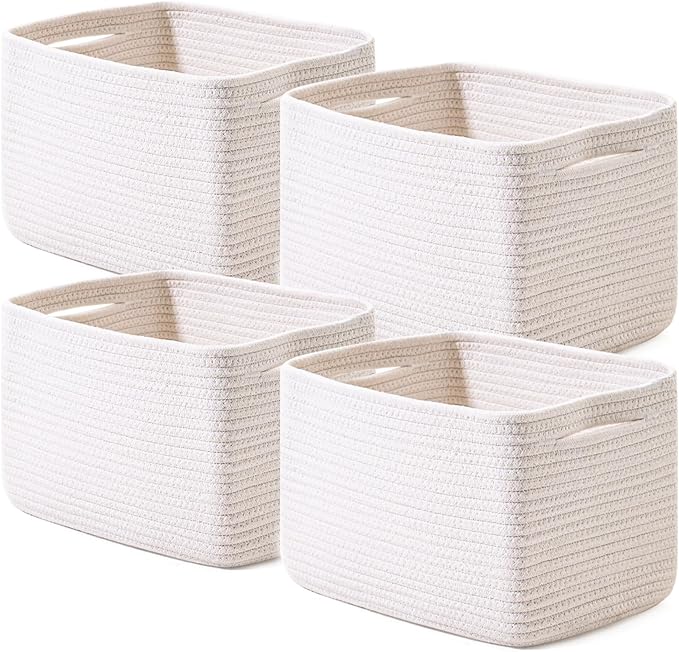 ICERZCZ Storage Baskets for Organizing, Woven Basket for Storage, Storage Baskets Bin for Shelves, Cotton Rope Basket with Handles, 12.5"Lx9.1"Wx7.9"H, (4 Packs) Off White