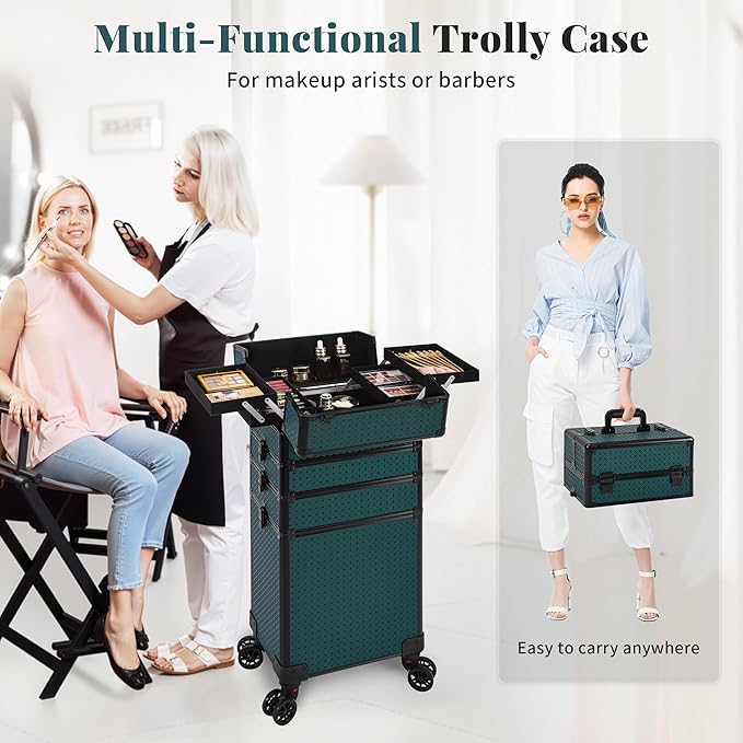 AROUS Rolling Train Makeup Case Cosmetology Case on Wheels, Green