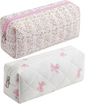 HHQQWZ Cute Floral Cotton Makeup Brush Cosmetic Bag for Women, Travel Quilted Zipper Make Up Bag, Flowers Toiletry Organizer Case Kawaii Makeup Cosmetic Travel Cloth Pouch (Pink+Pink Bow Tie)