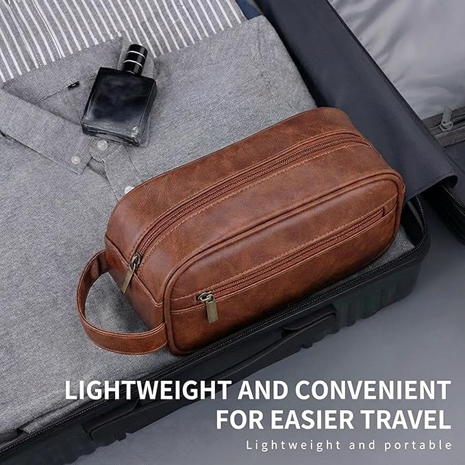 Men’s Toiletry Bag - Vintage PU Leather Kit for Travel - Water-Resistant Shaving Bag,Compact Pouch Gift for Husband, Dad (Khaki)