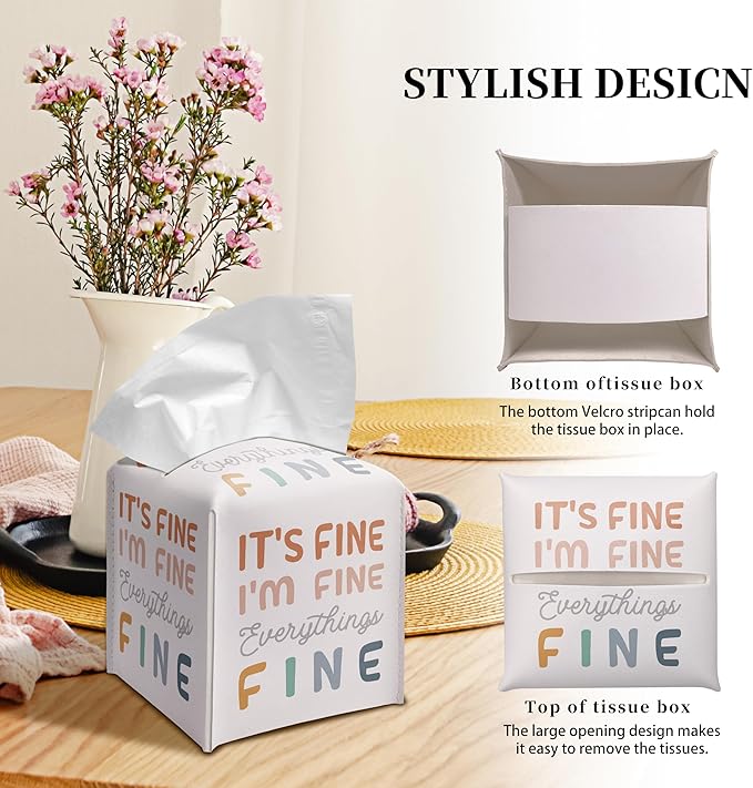 Grace Yonks Cute Tissue Box Cover Square - Funny Pastel Typography Design 5.2" PU Leather Holder for Vanity, Desk, or Bathroom Counter - Cube Case for Facial Tissues(021)