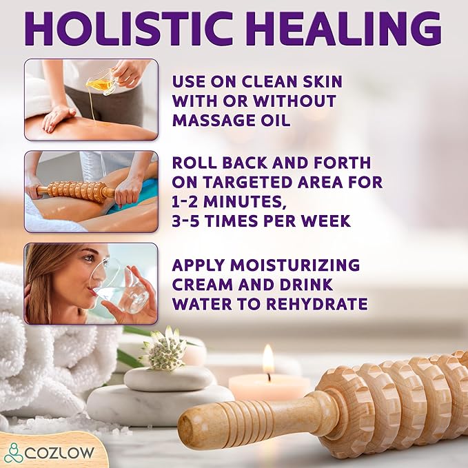 COZLOW Wooden Massage Roller Stick (9 Rollers) - Curved Wood Therapy Massage Tool for Body Sculpting, Fascia Release & Lymphatic Drainage - Maderotherapy Helps Reduce Cellulite Appearance