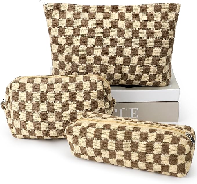 Gocvo 3 Pcs Makeup Bag Cosmetic Bag Set for Girls Women Checkered Travel Organizer Bathroom Toiletry Pouch Large Capacity Storage Bag (Brown)