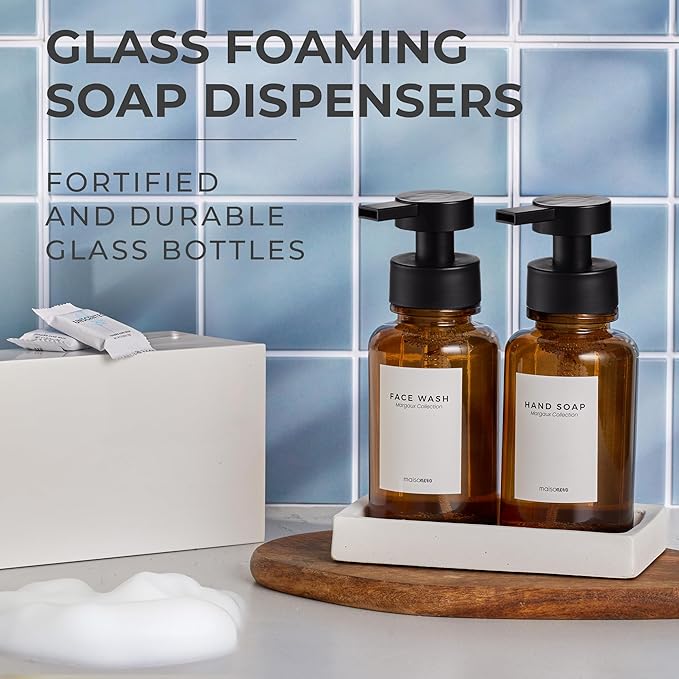 MaisoNovo Glass Foaming Soap Dispenser 14 Oz | Glass Bottles Pumps x 2 Amber with Tray