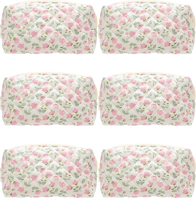 PAZIMIIK Small Quilted Makeup Bag,Zipper Cosmetic Pouch,Floral Pink,6 Pack