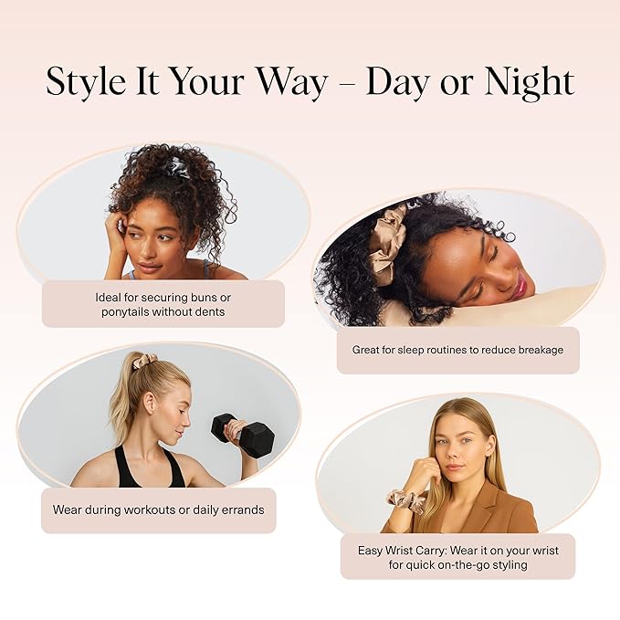 Kitsch Satin Scrunchies for Women - No Crease, Frizz Control | Softer Than Silk Scrunchies Gentle On Hair Scrunchies for All Hair Types | Stylish Hair Accessories - Charcoal & Gold, 2pcs