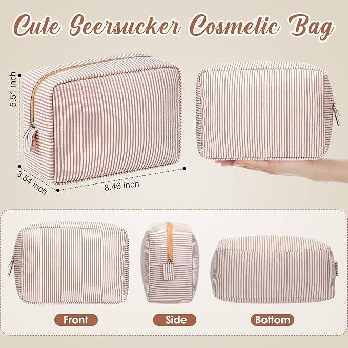 Sanwuta 6 Seersucker Cosmetic Bag Bulk Striped Makeup Bag for Women Aesthetic Cute Travel Toiletry Organizer Preppy Storage Pouch for Wedding Bridesmaid Mother's Day Teacher Gift (Large,Classic)