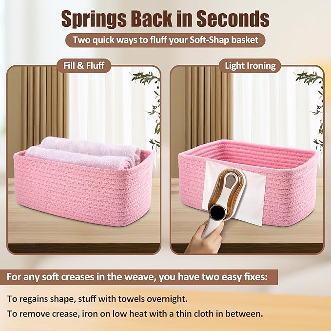 VIRETH HAUS 5-Pack Small Woven Rope Storage Baskets – 2 Sizes Organizer Bins for Closet, Shelf, Bookshelf, Nursery, Changing Table, Fabric Cube Boxes, Rectangular Shallow Bins for Bathroom, Toy & Home