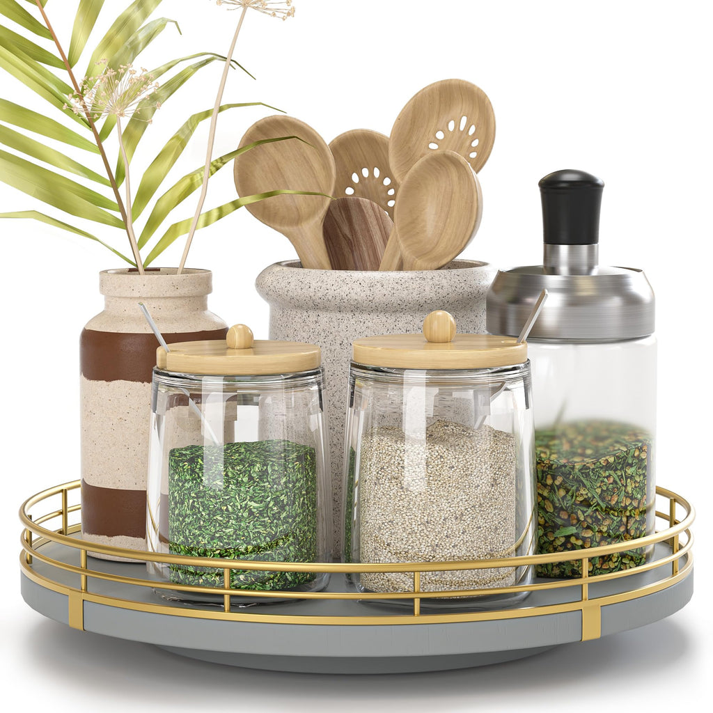 Oroyutor 9-Inch Gray Lazy Susan Spice Organizer for Cabinet with Gold Rail