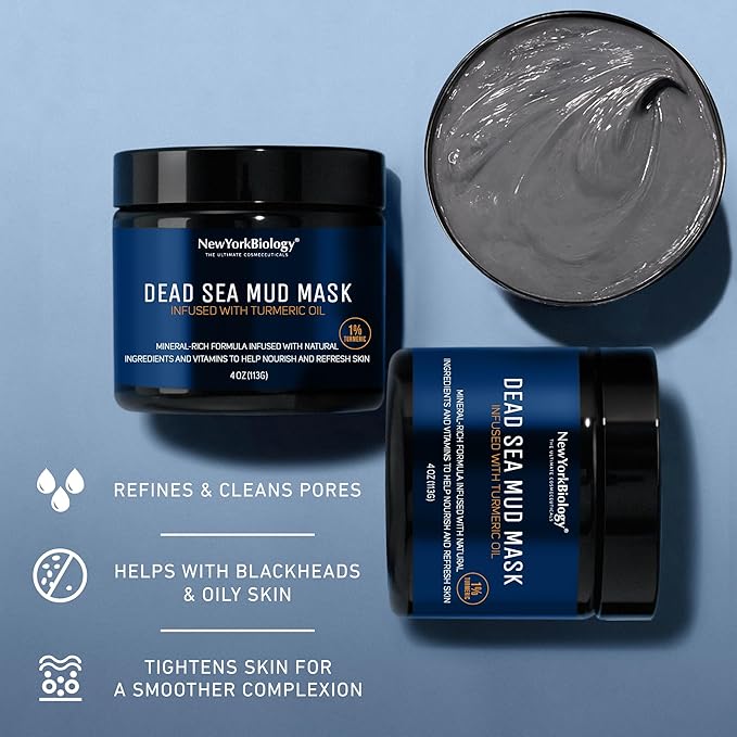 New York Biology Dead Sea Mud Mask for Face and Body | with Turmeric Oil | Spa Quality Pore Refiner for Oily Skin | Natural Skincare for Women & Men | Tighten Skin for A Healthier Complexion | 4 oz