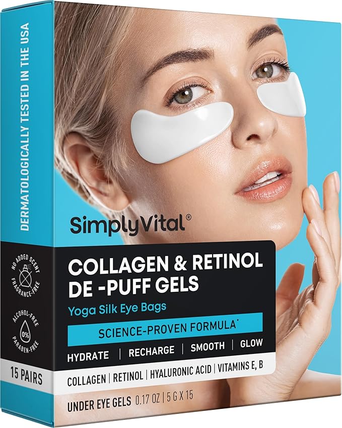 Collagen Eye Patches with Retinol & Hyaluronic Acid Mask - Depuffing Under Eye Patches for Puffy Eyes and Dark Circles - Cooling Undereye Masks for Women & Men - Parches Para Ojeras - 15 Pairs