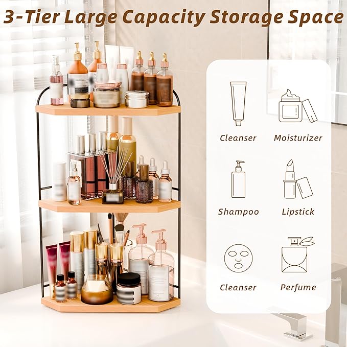 Corner Bathroom Counter Organizer, 3-Tier Wood Countertop Organizer for Perfume, Makeup Storage, Skincare Organizers for Vanity, Counter Corner Shelf for Kitchen, Bathroom, Dresser (Natural)