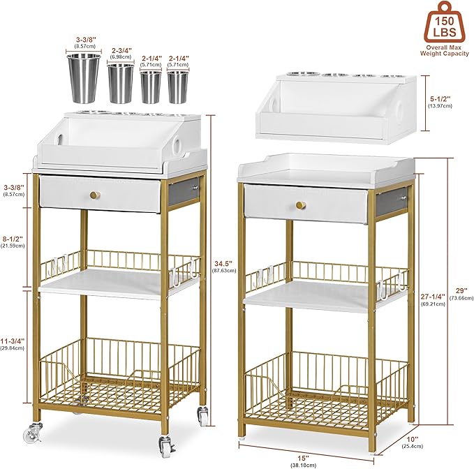 NauwaBarn Makeup Organizer Cart with Drawer, 2-in-1 Rolling Organizer Cart with Hair Tool Holder, Vanity Storage for Skincare, Perfume, Nail Polish, Cosmetics, Gold Finish