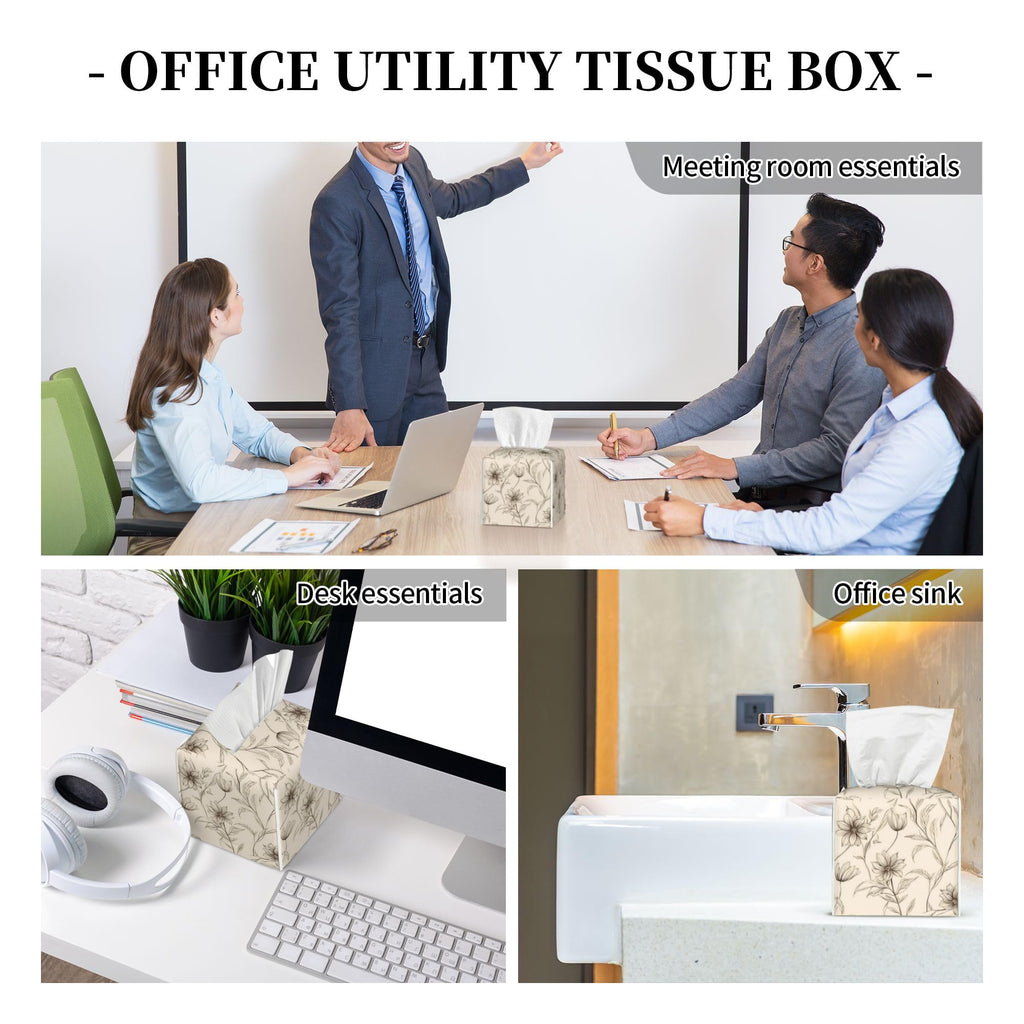 Boho Minimalist Flowers Tissue Box Cover Square, Abstract Line Floral Tissue Box Holder Waterproof Leather Facial Paper Organizer Dispenser for Bathroom Home Car Nightstand Vanity Desk