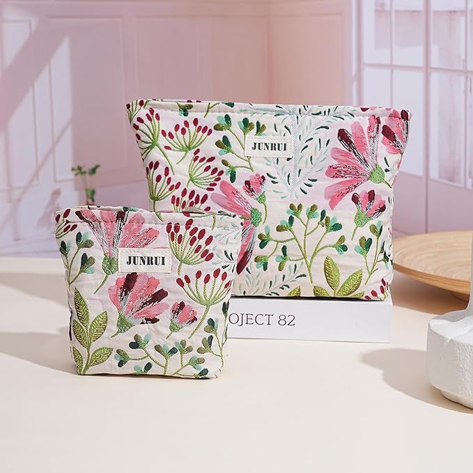 BOCGRPU Makeup Bag Small Cute Cosmetic Bags for Women，Floral Travel Toiletry Bag for Purse, Large Canvas Cosmetic Pouch Makeup Organizer Tool Pouch with Zipper（2Pcs Colorful Plant）