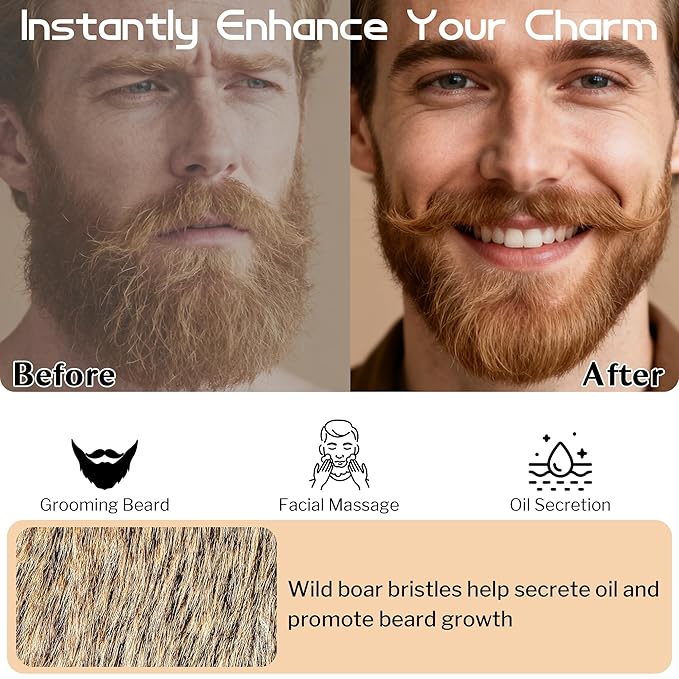 GROOMAGE 3PCS Beard Brush Comb Set for Men, Black Walnut Wood Dual Beard Comb & Case, Men's Natural Wooden Mustache Brush Kit - Medium Hardness