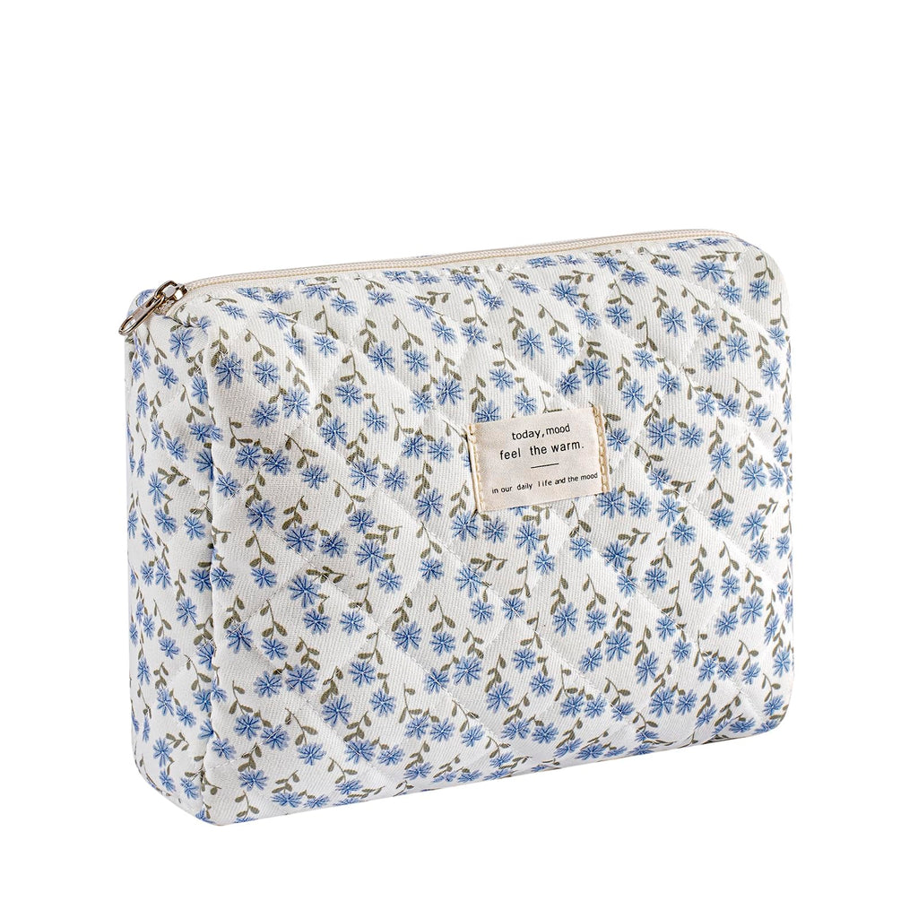 uekeboag Quilted Cotton Makeup Bag,Coquette Quilted Toiletry Bag for Women and Girls,Floral Coquette Pouch,Cute Kawaii Travel Cosmetic Bags(Dark Blue Flower)