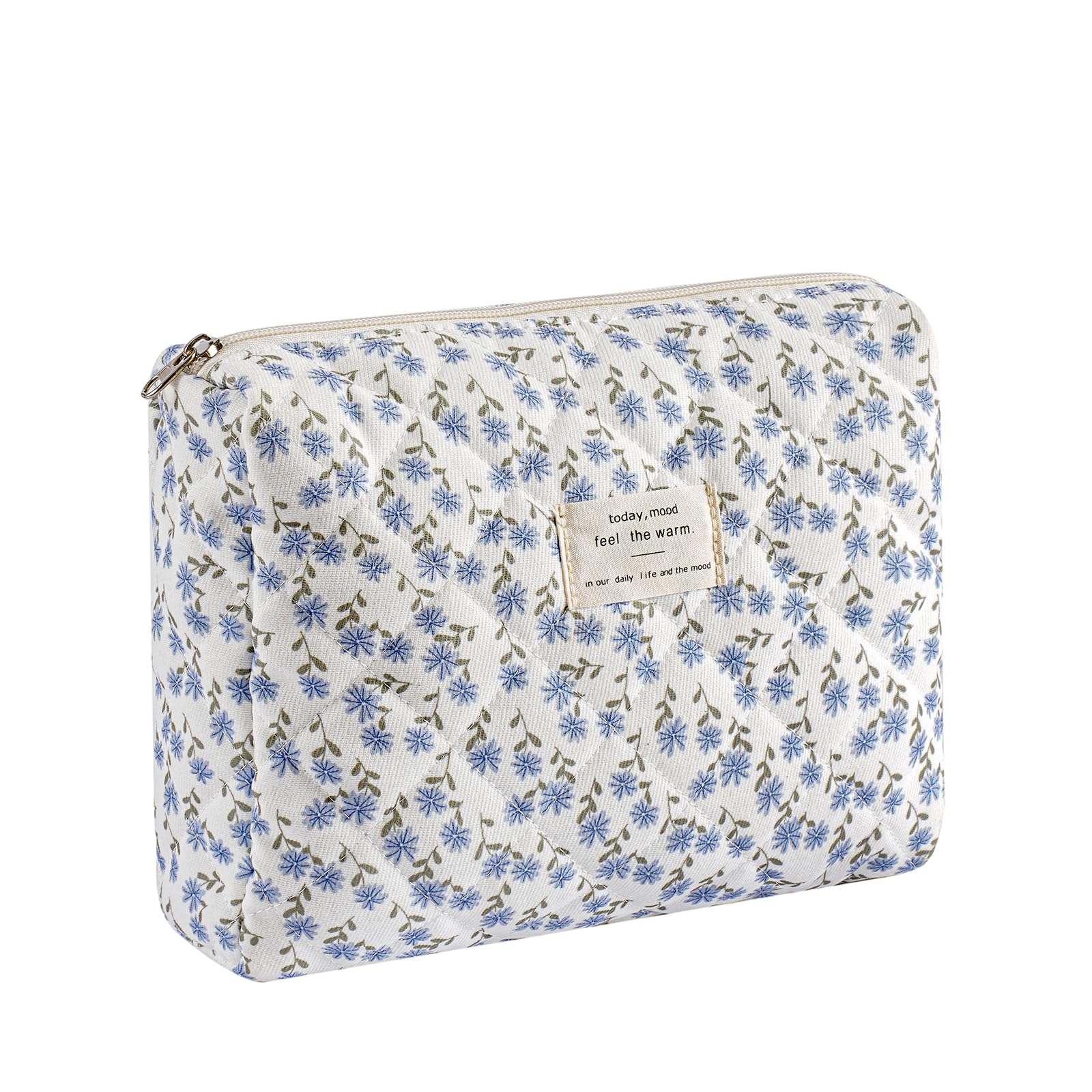 uekeboag Quilted Cotton Makeup Bag,Coquette Quilted Toiletry Bag for Women and Girls,Floral Coquette Pouch,Cute Kawaii Travel Cosmetic Bags(Dark Blue Flower)