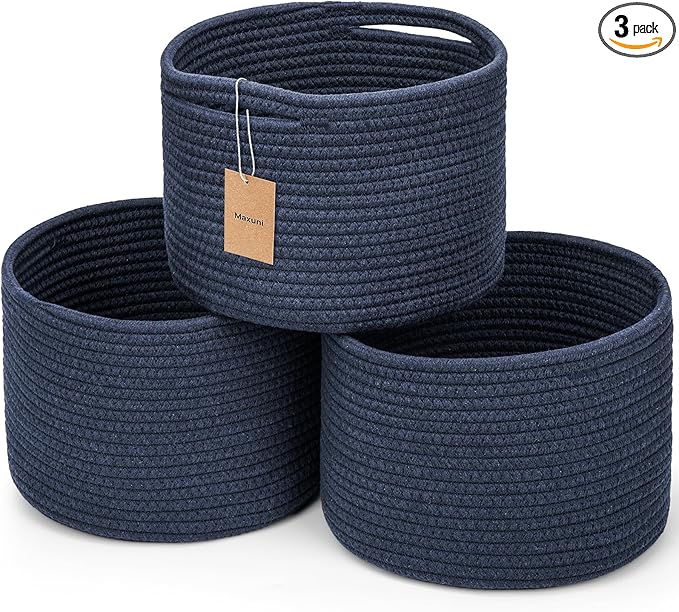 Small Rope Baskets for Storage, Baskets for Gifts Empty, Cute Round Woven Baskets, Decorative Shelf Basket 9.82×9.82×7.1", Cotton Toy Basket Storage Bins for Organizer 3 Packs Navy Blue