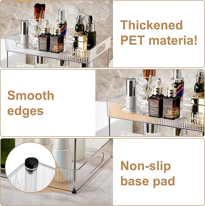 Goderewild 2-Tier Bathroom Counter Organizer, Multi-Purpose Cosmetics Skincare Shelf, Fits A4 Size Makeup Organizer for Office and Vanity Tray, Countertop Storage Solution for Kitchen,Bath.(Clear)