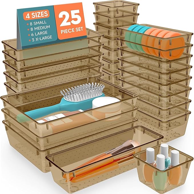 SpaceHacks 25 PCS Plastic Drawer Organizer, 4-Size Versatile Organizer Trays & storage Bins