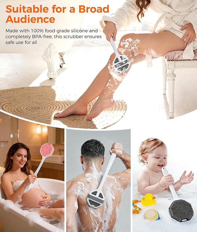 Silicone Body Scrubber with Long Handle, 2 Pack Soft Bristles Lathers Easily for Gentle Exfoliating & Deep Clean, Rich Foam, Durable Back Bath Brush (Grey + Pink)