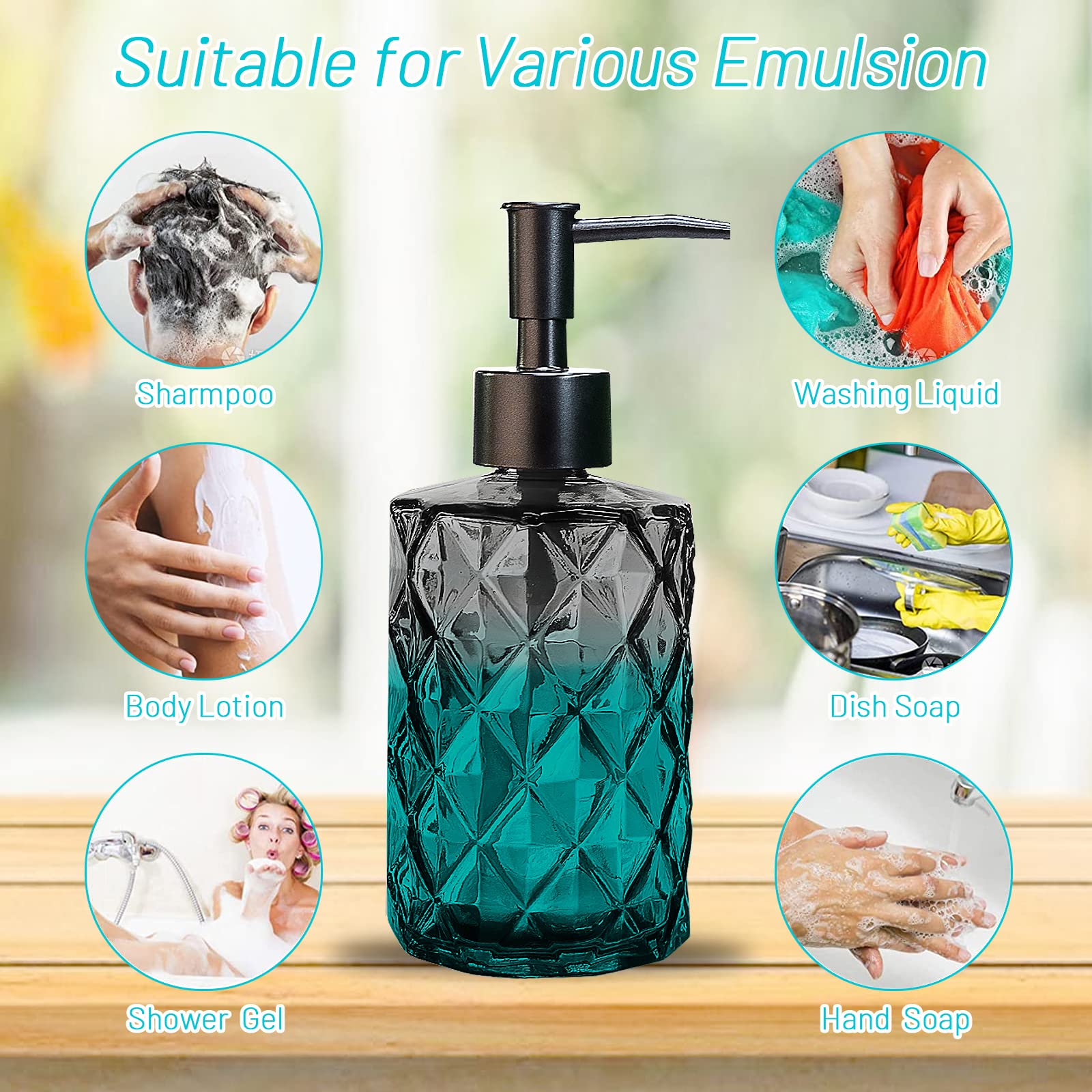 Glass Soap Dispenser with Plastic Pump, 330ml/11oz. Liquid Hand Soap Dispenser for Bathroom and Kitchen, Hand-Pump Dispenser for Dishwashing Liquid, Lotion, Soap, Shower Gel, Essential Oil (Black)