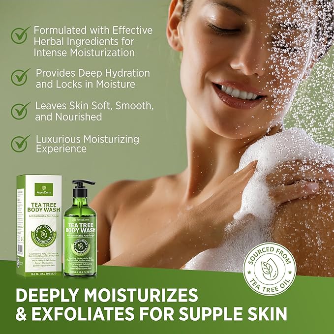 Roycederm Tea Tree Body Wash & Soap, Purifying and Refreshing Body Cleanser with Tea Tree Oil & Wormwood, Moisturizing Body Wash Helps Soothe Skin, Suitable for Men and Women - 2 Pack