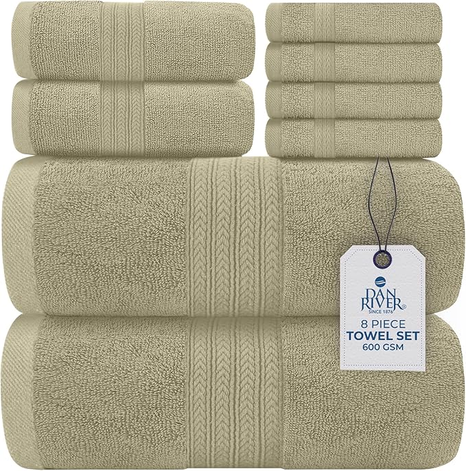 DAN RIVER 8 PC Luxury Bath Towels for Bathroom, 2 Bath, 2 Hand, and 4 Wash Cloths, 600 GSM 100% Ring Spun Cotton Towel Set, Highly Absorbent, Gym, Hotel, and Spa, Beige