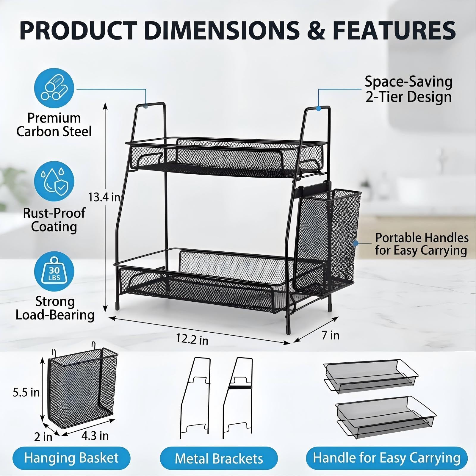 LEMIKKLE 2-Tier Bathroom Countertop Organizer,Skincare, Makeup Countertop Organizers, Kitchen, Bathroom Counter Storage with Small Basket (Black)