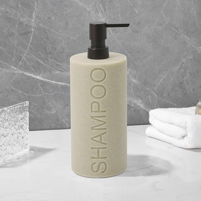 Indecor Home Resin Tan Sandstone Shampoo Engraved Bottle Refillable Pump Dispenser, Durable Waterproof Resin Construction for Bath, Shower - Tan Sandstone ORB Pump
