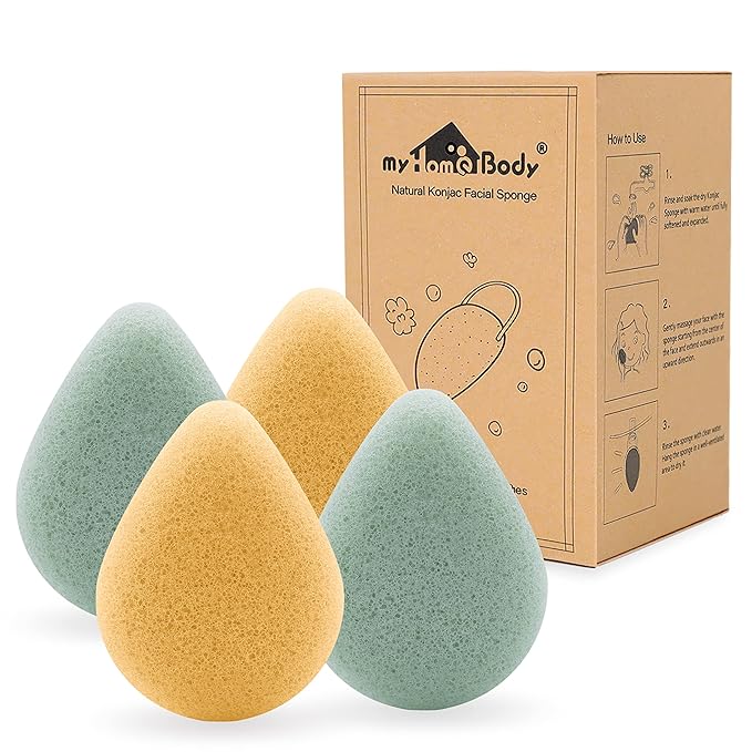 myHomeBody Natural Konjac Facial Sponges – Teardrop Shape - for Gentle Face Cleansing and Exfoliation - with Turmeric Yellow and Aloe Vera, Set of 4