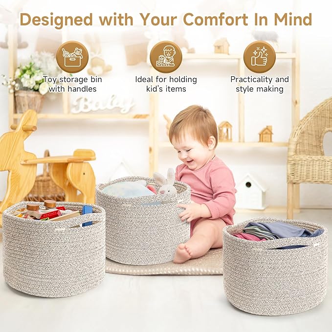 Small Rope Baskets for Storage, Baskets for Gifts Empty, Cute Round Woven Basket, Decorative Shelf Baskets 9.82×9.82×7.1", Cotton Toy Basket Storage Bins for Organizer 3 Packs-Brown
