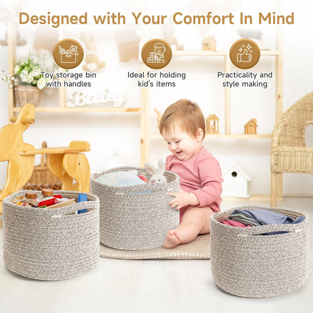 Maxuni 3 Pack Small Rope Storage Baskets, 9.82×9.82×7.1", Brown