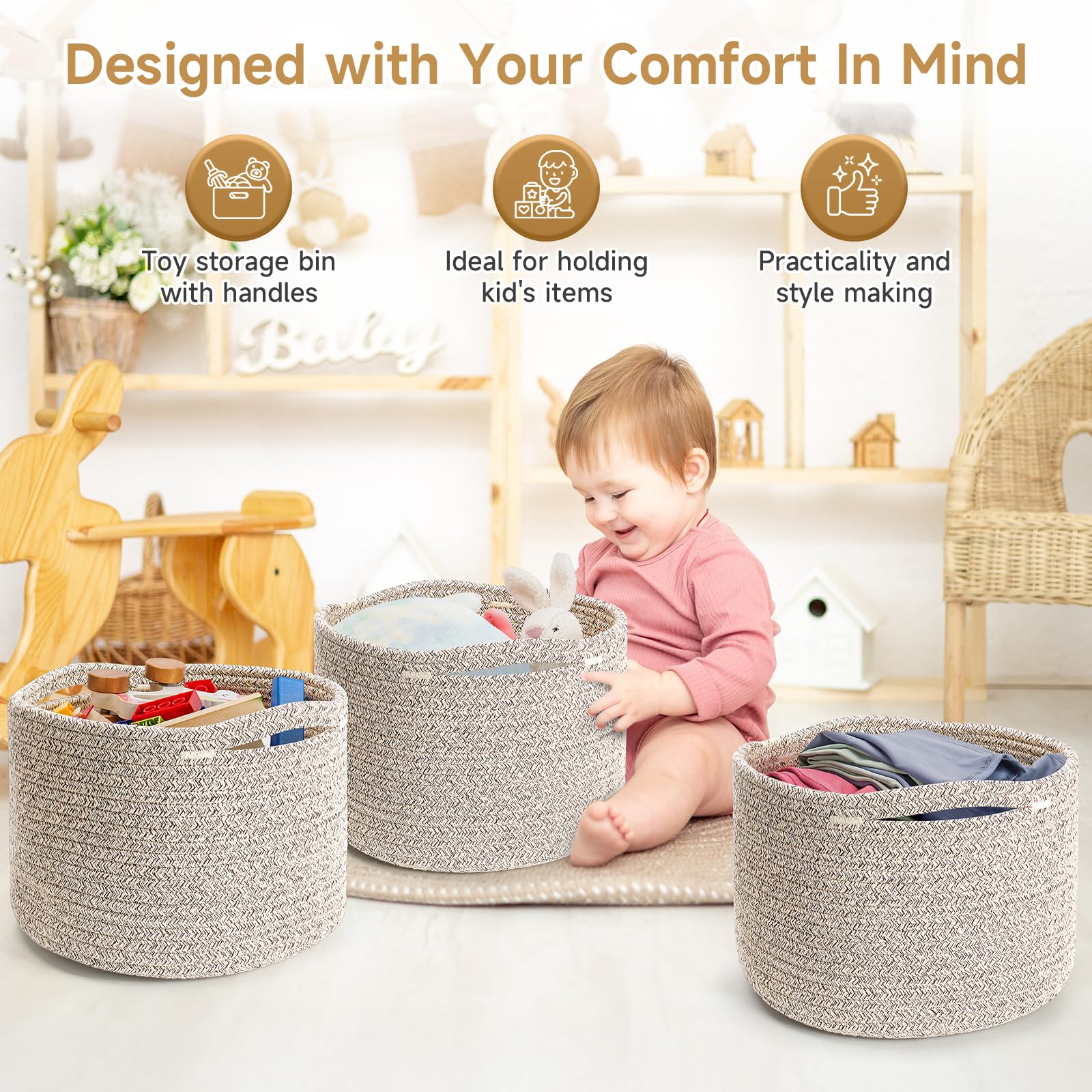 Maxuni 3 Pack Small Rope Storage Baskets, 9.82×9.82×7.1", Brown