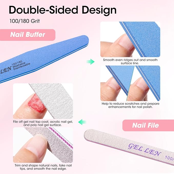 Gellen Nail Care Kit Manicure Tools Kit: Nail Strengthener and 2Pcs Nail File & Buffer 100/180, Cuticle Pusher Pen, Cuticle Oil & Remover, Fork | Nail Clipper & Brush