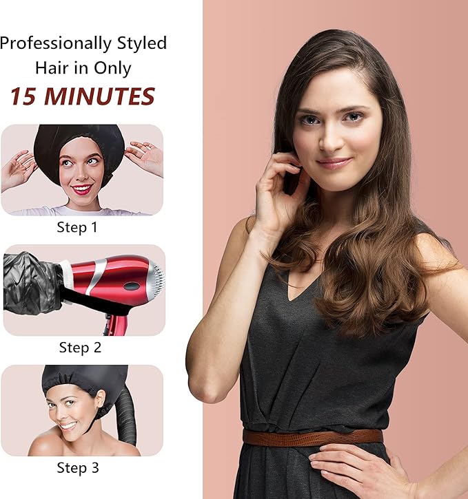 Safety Portable Hair Dryer Bonnet Attachment for Hair Styling, Adjustable Chin Strap and Side Fitting Drawstring Hood Dryers for Hair Home