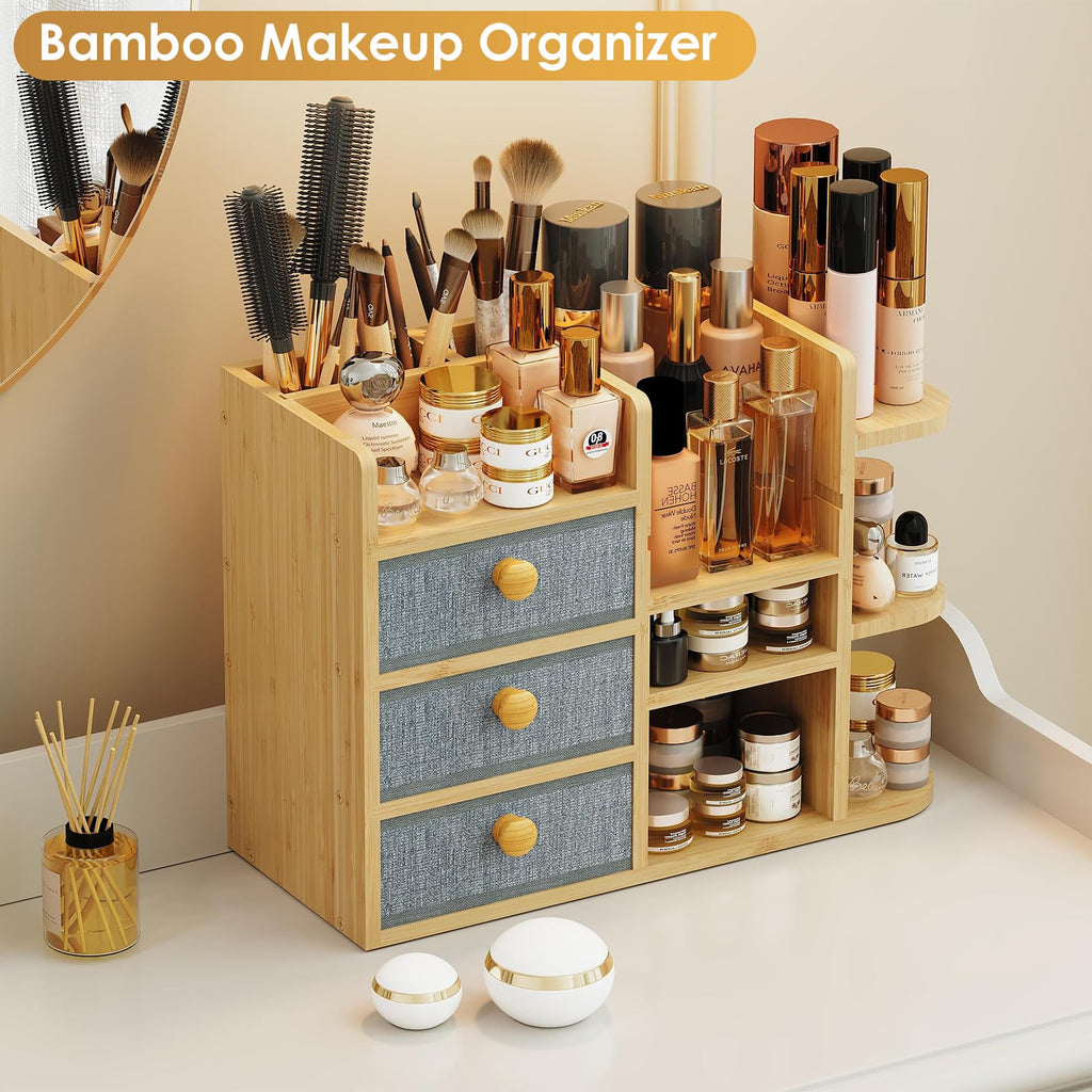 Large Makeup Organizer For Vanity, Large Capacity 3 Tiers Bamboo Bathroom Counter Organizers and Storage, Countertop Makeup Brush Holder, Nail Polish Perfume Stand with 3 Drawers and 10 Compartments