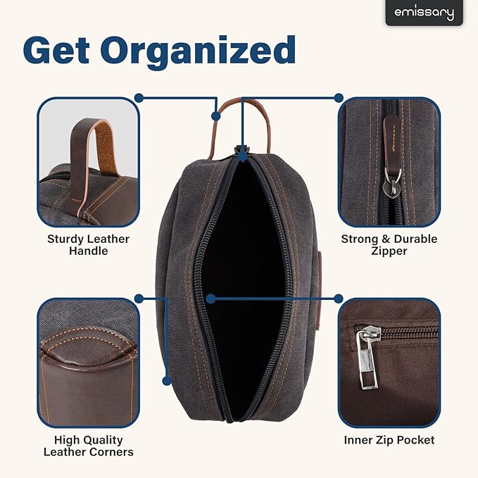 emissary Men's Canvas Travel Toiletry Bag, Leather Dopp Kit - Gray