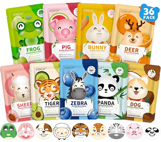 36 Pack Cute Animal Kids Face Mask, Sheet Collagen Moisturizing Face Mask for Girls Teens, Easter Basket Stuffers, Bulk Spa Party Gifts and Birthday Gifts