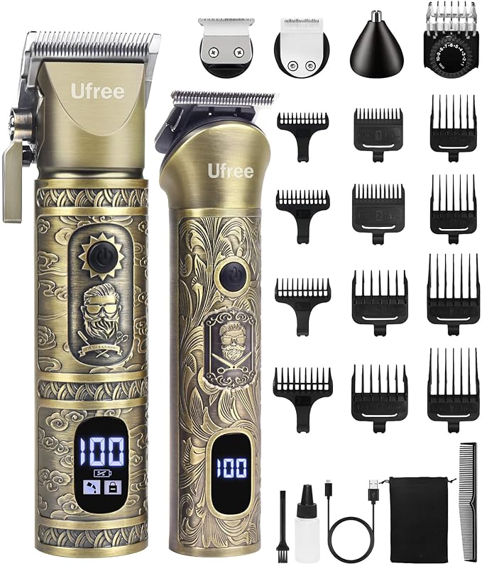 Ufree Hair Clippers for Men Professional with Beard Trimmer, Barber Clippers and Trimmers Set, Electric Razor Shavers for Men, Cordless Mens Grooming Kit for Nose, Face, Hair, Gifts Bronze
