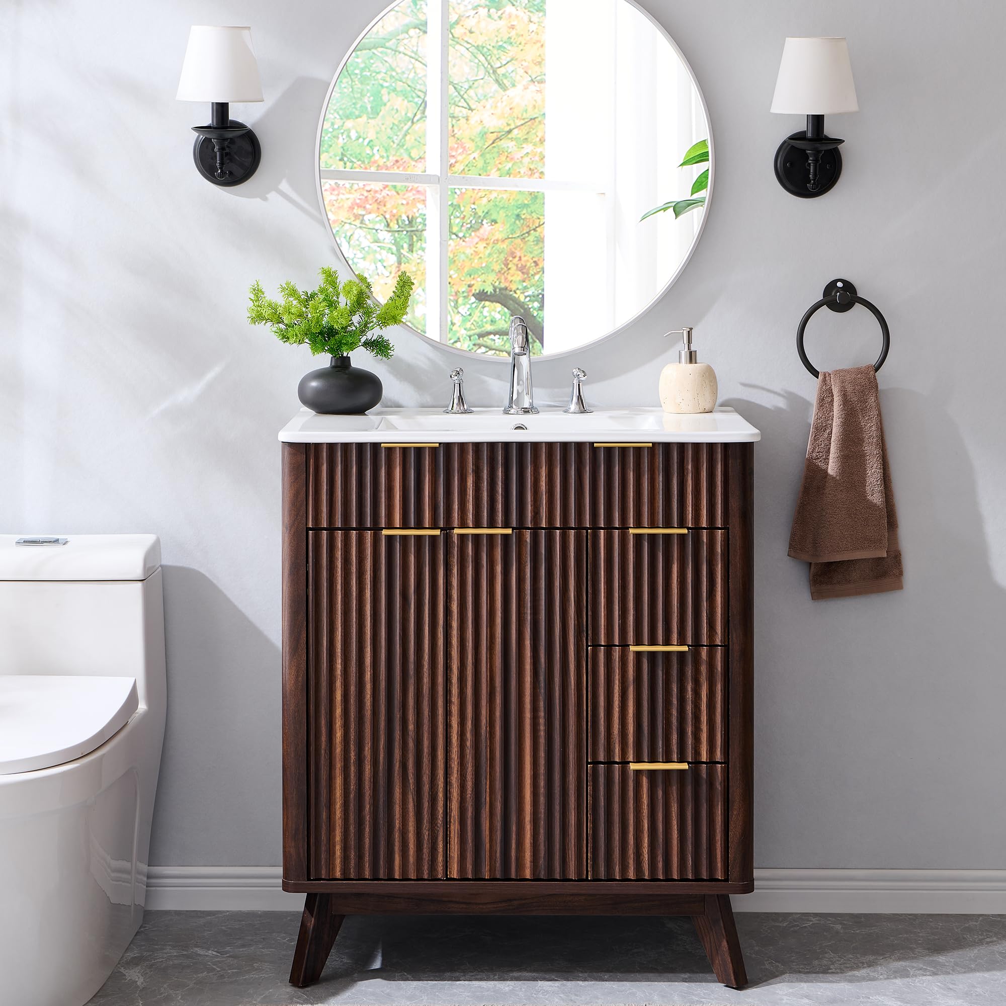 T4TREAM 30" Fluted Bathroom Vanity with Ceramic Sink Combo, Dark Walnut