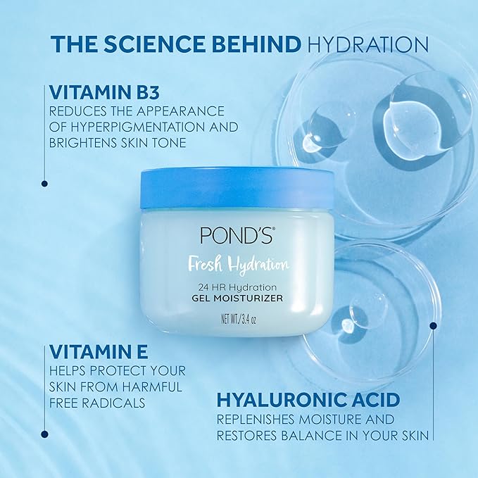 POND’S Fresh Hydration Gel Face Moisturizer, 24HR Hydration with Hyaluronic Acid, Vitamin E & B3 Niacinamide, Alcohol-Free, Oil-Free, Dermatologist Tested, 3.4 oz